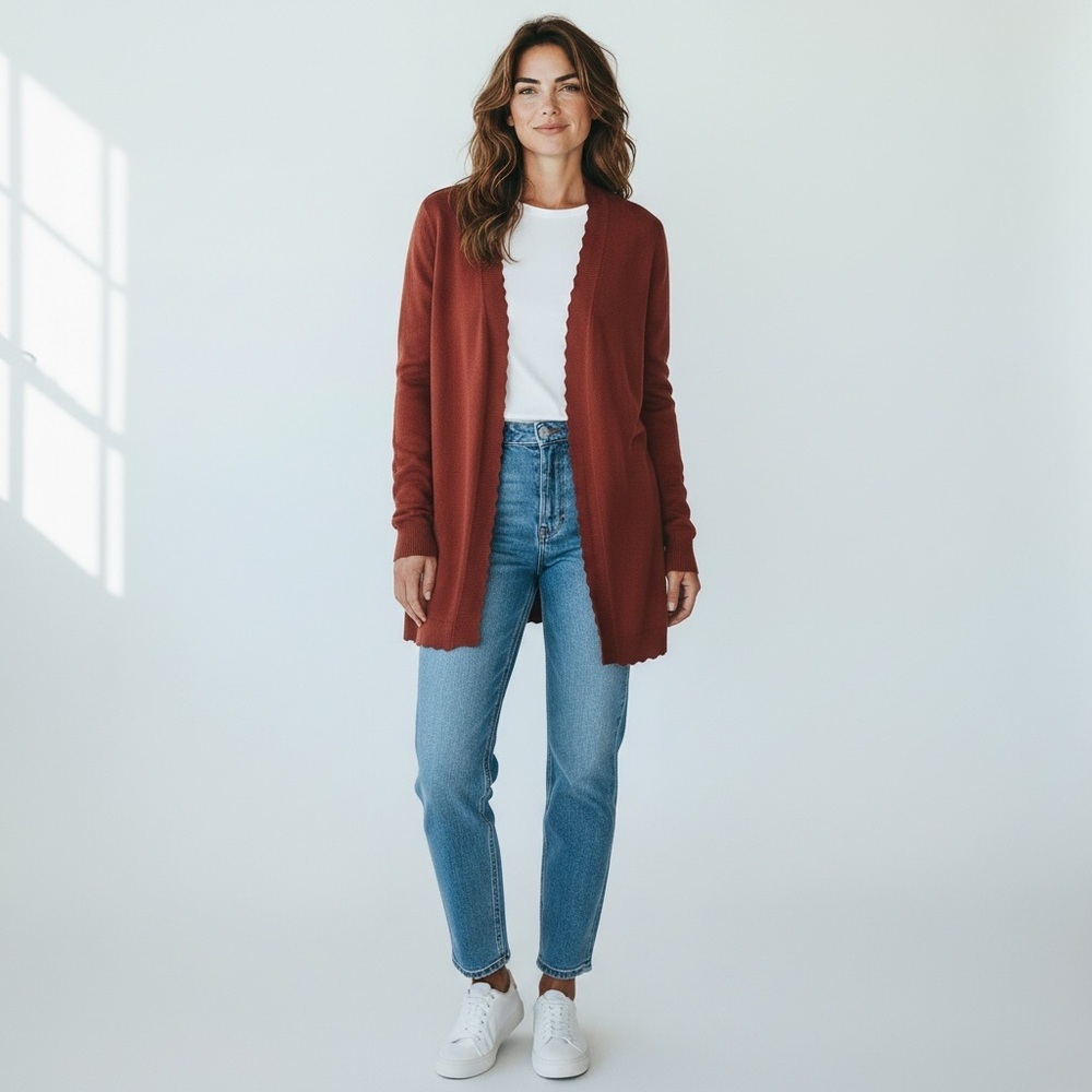 Evolution by Cyrus Davison Scallop Edge Cardigan in Colorado Orange Red NWOT‎